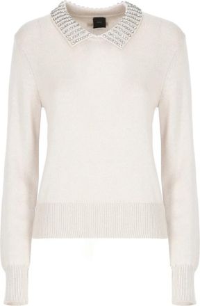 Pinko Trui met kraag en strass - Dames - Ronde hals truien - Beige - M - Wol - Truien & Vesten