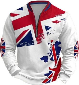 Generic Mens Union Jack Jumpers Half Zip Up Great Britain Bunting Flags Graphic Sweatshirt Plus Size Lightweight Breathable Autumn Winter Pullover Sports Acti