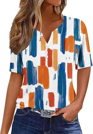 Generic Summer Tops for Women 2025 Trendy Button Down Shirts Short Sleeve Henley V Neck Tops Spring Summer Dressy Casual Shirt Clothes Y2K Cute Printed Tees T