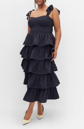 City Chic Elina Tie Strap Tiered Midi Dress in Navy at Nordstrom, Size Xxxs