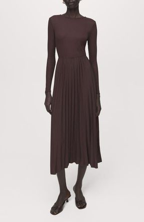 Mango Long Sleeve Pleated Midi Dress in Chocolate at Nordstrom, Size 10