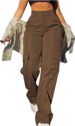 Generic Cargo Pants for Women UK High Waist Combat Trousers with Multiple Pockets Solid Color Drawstring Tracksuit Bottoms Baggy Lightweight Straight Wide Leg