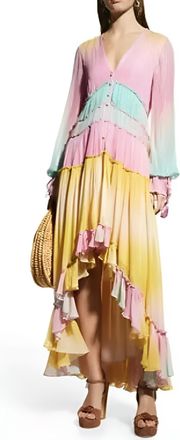 Rococo Sand Zale Metallic Pastel High-Low Rainbow Maxi Dress In Multicolor