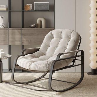 OEM Sill&oacute;n Balanceo Gran Confort Con Coj&iacute;n Acolchado, Estructura De Metal Y Rat&aacute;n, 150 Kg, Beige, Para Interior/exterior