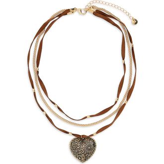 BP. Engraved Heart Charm Layered Suede Necklace in Gold- Brown at Nordstrom