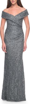 La Femme Off the Shoulder Beaded Lace Evening Gown in Gunmetal at Nordstrom, Size 12