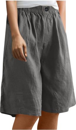Generic Womens Casual Shorts Summer Plain Loose Linen Shorts Ladie Elasticated Waist Casual Lounge Cropped Trousers Knee Length Half Pants with Pockets