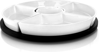 Gibson Home Gracious Dining 6 Piece Stoneware Sectional Serving Set with Revolving Wood Tray