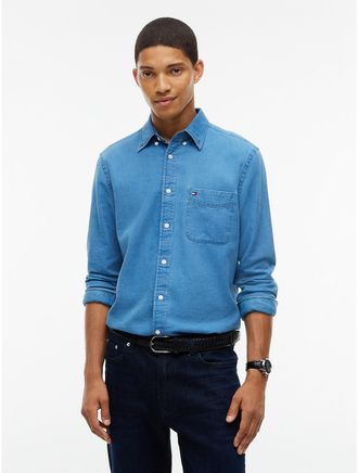Tommy Hilfiger Mens Regular Fit Indigo-Dyed Dobby Shirt - Indigo Blue - XXL