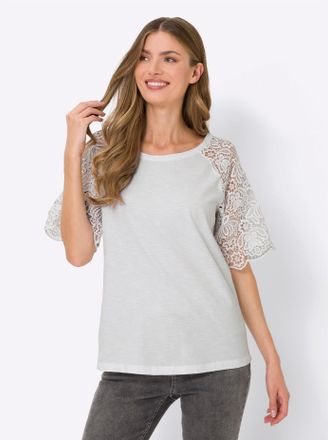 Heine Spitzenshirt HEINE Shirt, Damen, Gr. 34, weiss (wei&szlig;), 100% Baumwolle, unifarben, Rundhals, Shirts Spitzenshirt