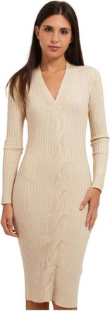 Gaud&igrave; Geribde Midi Jurk met Gevlochten Patroon - Dames - Kleedjes - Beige - L - Kleedjes