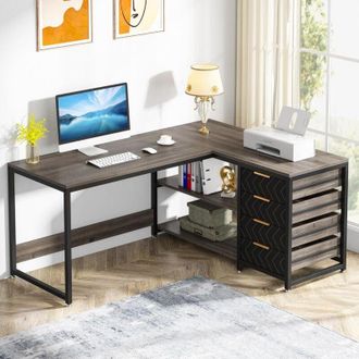 Tribesigns Tribesigns - Escritorio Con 4 Cajones, Mesa De Ordenador En Forma De L Con 2 Estantes, Escritorio Esquinero Reversible Para Casa, Sal&oacute;n, 150 &times; 110 &times; 7