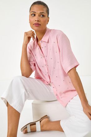 Roman Rhinestone Button Detail Collar Blouse