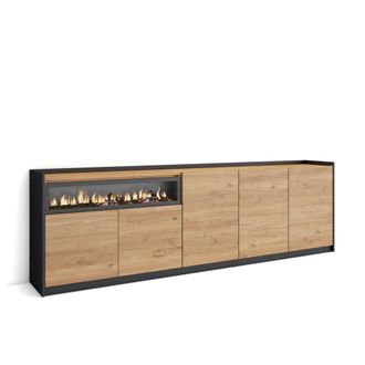 Skraut Home Skraut Home - Aparadores Para Sal&oacute;n, 260x37x80cm, 5 Puertas, Chimenea El&eacute;ctrica, Roble Y Negro