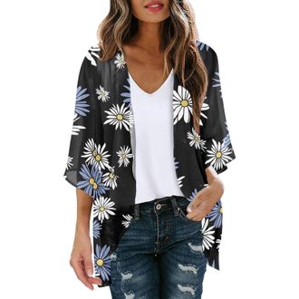 Generic Womens Casual Floral Printed Puff Sleeve Chiffon Kimono Cardigan Summer Beach Loose Cover Up Blouse Tops Lightweight Cardigan Jackets for Women A-Whit