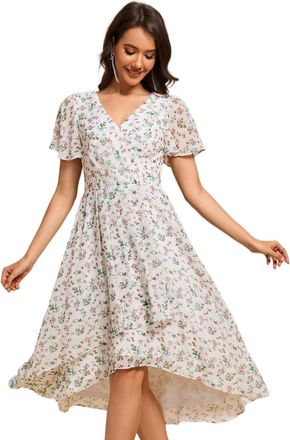 Ever-pretty Women Wedding Guest Dress Floral V Neck High Low White Green 18