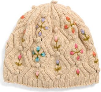 FRENCH KNOT Tilly Floral Embroidered Wool Knit Hat in Natural at Nordstrom