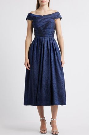 Tahari by ASL Crushed Taffeta Off the Shoulder Cocktail Dress in Navy at Nordstrom, Size 16
