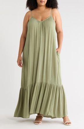 Melrose and Market Ruffle Hem Gauze Maxi Slipdress in Olive Acorn at Nordstrom Rack, Size 1X