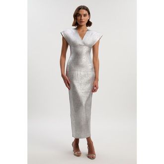 Karen Millen Deep V-Neck Angel Sleeve Maxi Dress in Silver at Nordstrom, Size X-Small