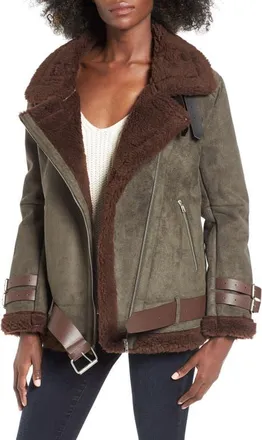 J.O.A. Faux Shearling Jacket in Olive/brown at Nordstrom, Size Large