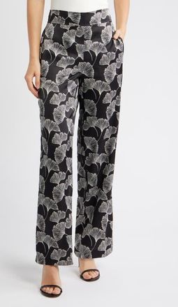 Anne Klein Print High Waist Pull-On Wide Leg Pants in Black/White/Ivory at Nordstrom, Size X-Small P