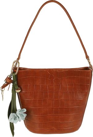 Self Portrait Brown Crocodile-Effect Embossed Leather Bucket Bag