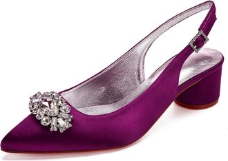 Generic Wedding Shoes Womens Low Heels Pointed Toe Bridal Heels Comfortable Satin Chunky Heels Prom Party Dress Shoes 4.5Cm,Purple,2 UK