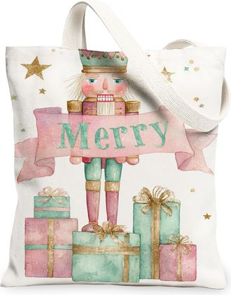 Generic Merry Nutcracker Canvas Tote Bags, Holiday Gift Pattern Reusable Grocery Bags, Winter Vintage Lightweight Washable Shoulder, White, 13x15 Inch