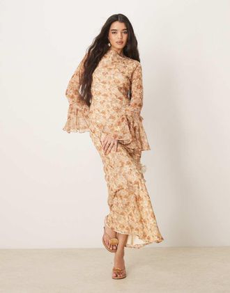 Asos Vestito lungo color cioccolato a fiori vintage con volant e cuciture a vista-Multicolore