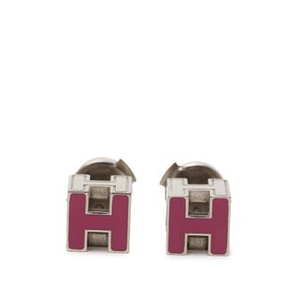 Herm&egrave;s Pre-owned Hermes Palladium Plated Enamel Cage dH Cube Push Back Earrings Ladies QGTCKVHY9NHN5SKN