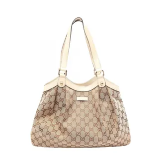 Gucci Beige White Canvas Leather Handbag Tote Bag (Pre-Owned)
