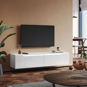 Sonni Sonni Mueble Tv Suspendido Blanco Brillo Con Luces 12 Colores,mueble De Sal&oacute;n Con Led Madera 2 Puertas Abatibles 140 Cm