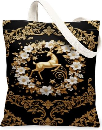 Generic Christmas Floral Canvas Tote Bags, Deer and Flower Design Reusable Grocery Bags, Winter Vintage Linen Lightweight Washable, Black, 13x15 Inch