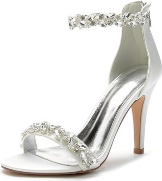 Generic Wedding Bridal Shoes Womens Heels Sandals Bridal Open Toe Heels Satin Stiletto High Heeled for Prom, Party, Daily Wear 10.5Cm,Ivory,10 UK