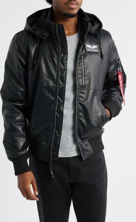 Alpha Industries Hooded Faux Leather Flight Jacket in Black at Nordstrom, Size Xx-Large