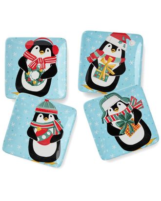 Certified International Christmas Whimsy Penguin Set Of 4 Canape Plates