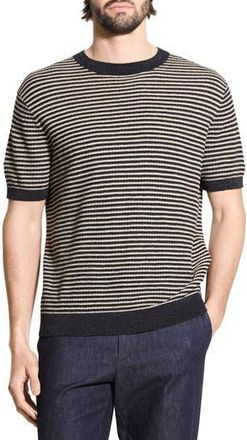 Theory Stripe Short Sleeve Linen & Cotton Blend Crewneck Sweater in Black/Chino at Nordstrom Rack, Size Xx-Large