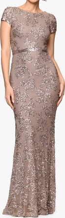 Betsy & Adam Keisha Sequin Embellished Short Sleeve Gown In Taupe