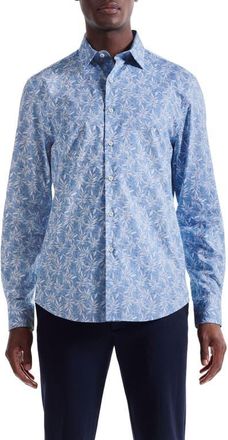 Bugatchi Julian Shaped Fit Leaf Print Cotton Button-Up Shirt in Air Blue at Nordstrom, Size Xx-Large