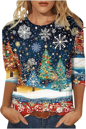Generic Ugly Christmas T Shirts for Women Light Up Christmas Tree Printed Tops Oversized Pullover 3/4 Sleeve Tunic Tees Novelty Sparkly Xmas Graphic Shirt Nov