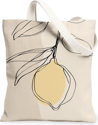 Generic Lemon Line Art Canvas Tote Bags, Stylish Fruit Design Reusable Grocery Bags, Summer Lightweight Washable Shoulder Strap Can, Beige, 13x15 Inch