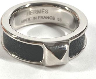 Herm&egrave;s Black Leather Metal Band Ring (Pre-Owned)