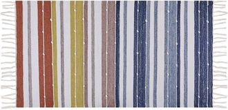 Beliani Alfombra Azul Blanco Amarillo Rojo 80 X 150 Cm A Mano A Rayas Borlas Tozakli