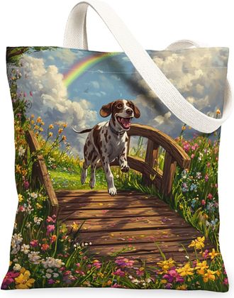 Generic Spring German Shorthaired Pointer Dog Canvas Tote Bag for Shopping 13x15, Country Garden Puppy Reusable Grocery Print Pattern Bag for Women, Fun Pet B