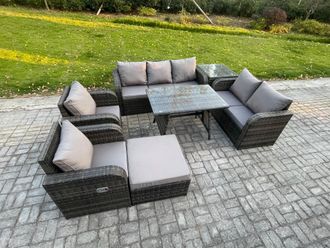 Fimous 8 Seater High Back PE Rattan Sofa Set Outdoor Garden Furniture Dining Table Set With Reclining Chair 3 Seater Sofa in Dark Grey