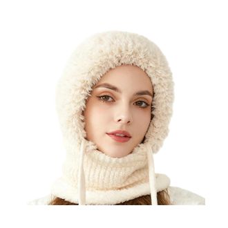 Generic 3 in 1 Beanie Hat for Women All in One Hat and Scarf Sherpa Hood Ski Mask Winter Warm Knitted Windproof Hats Scarf with Face Cover for Outdoor Skiing 