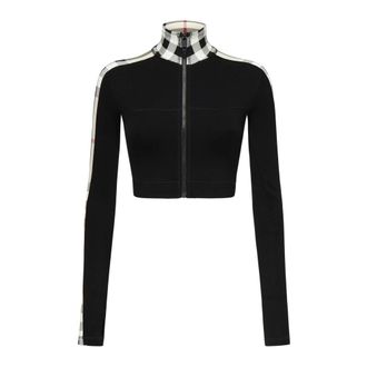 Burberry Hoodies & sweatvesten, Dames, Zwart, S, Cropped Check Trim Stretch Jersey Zip Top