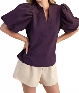 Glam Kinsley V-Neck Puff Sleeve Blouse In Plum