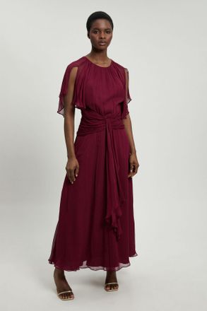 Karen Millen Womens Petite Viscose Georgette Cape Sleeve Ruffle Woven Maxi Dress - Burgundy - Size 16 UK